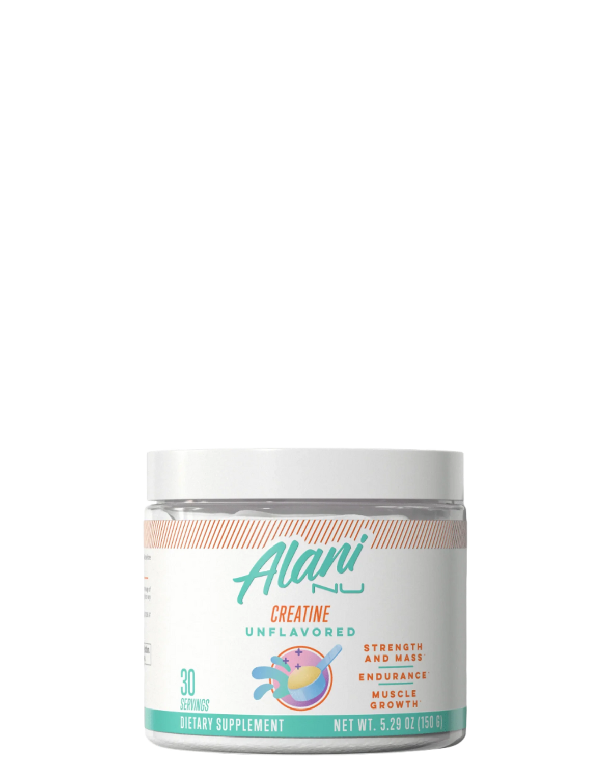 A container of Alani Nu Creatine Monohydrate powder with a white label featuring the brand logo and product information.
