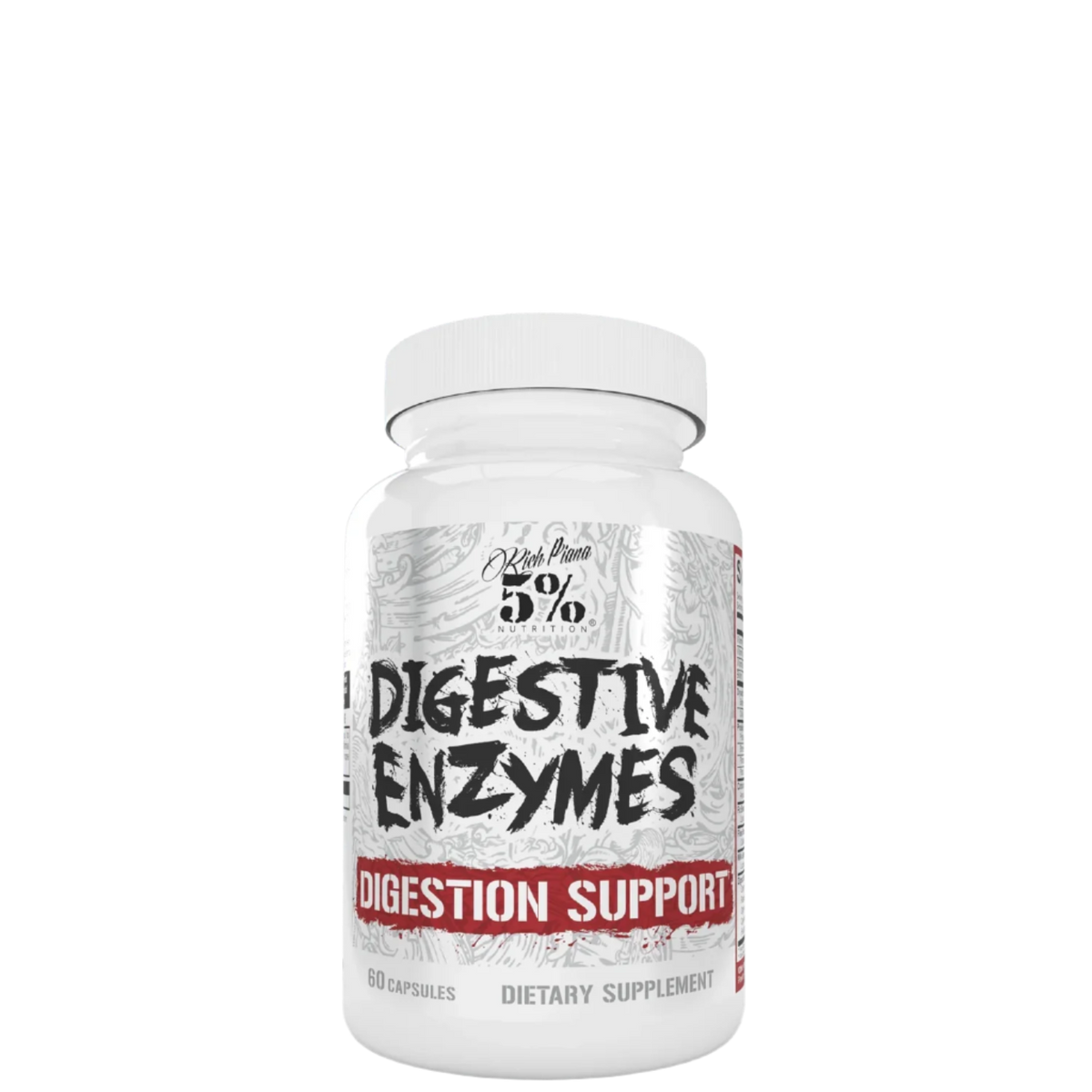 A bottle of dietary supplement labeled 'Digestive Enzymes' by 5% Nutrition.