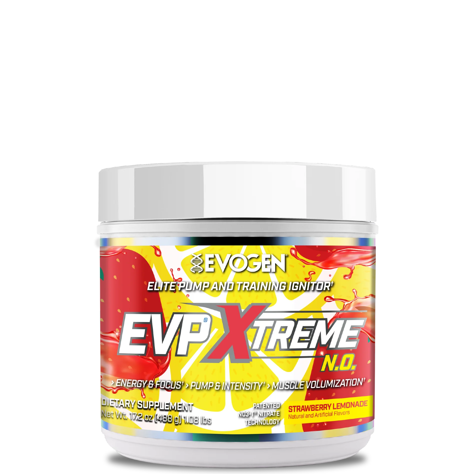 A container of EVP Xtreme N.O. Pre-Workout powder with a colorful label featuring red, yellow, and blue elements.