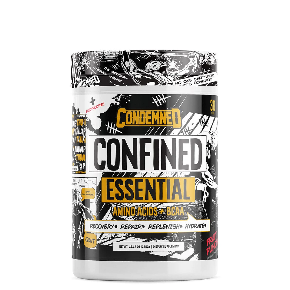 A container of CONFINED EAA + BCAA Regular, with a graphic design that includes text and illustrations related to the product's benefits and contents.