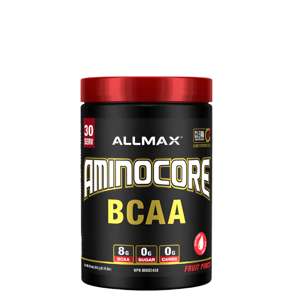 A container of Aminocore BCAA Supplement Powder by ALLMAX in black color with red and pink text, indicating the flavor as Pink Lemonade.
