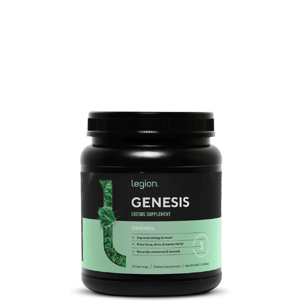 A container of Genesis Greens Supplement with a black and green label, branded by Legion Athletics.