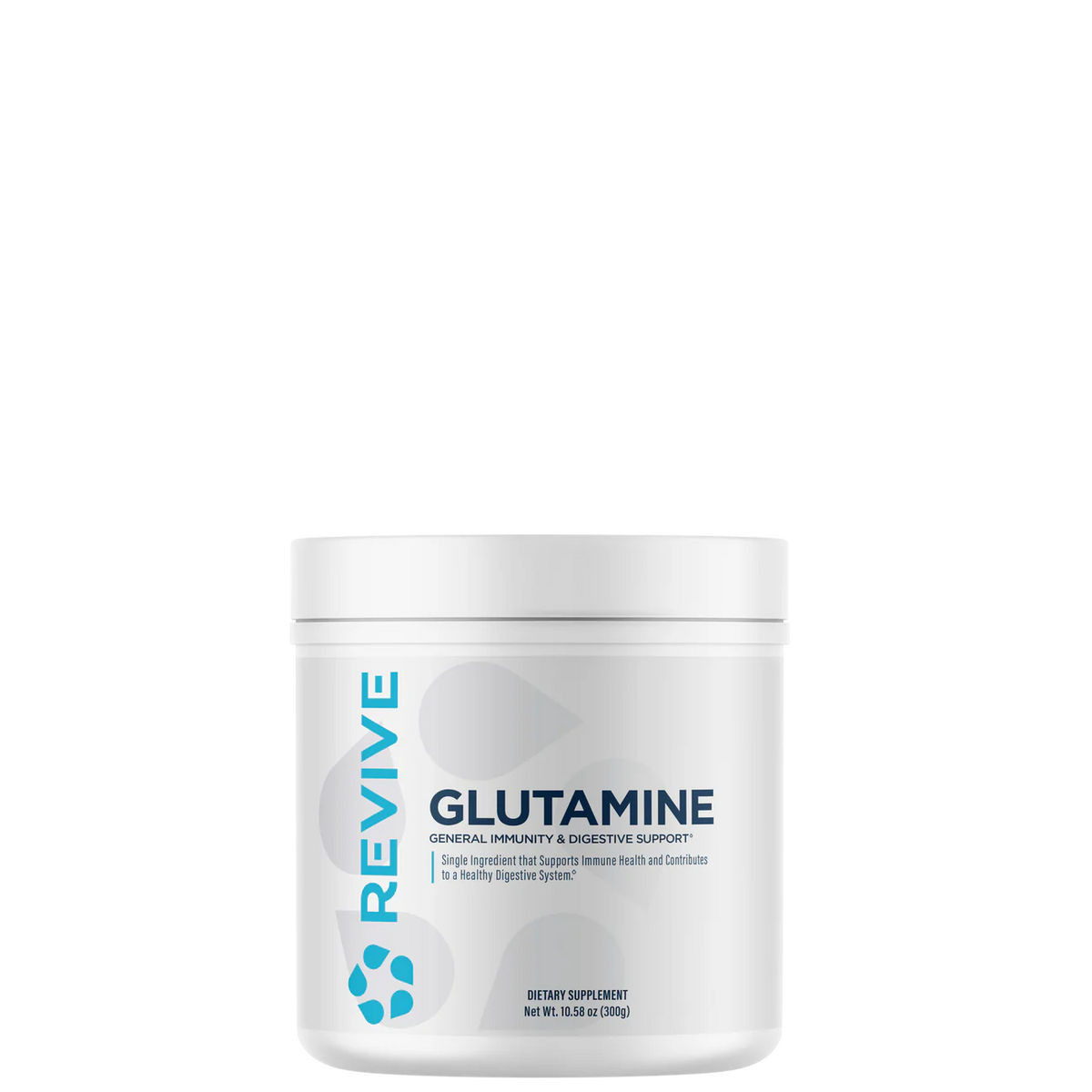 A container of Revive Glutamine, which is a natural supplement designed to support muscle recovery, immune function, and gut health.