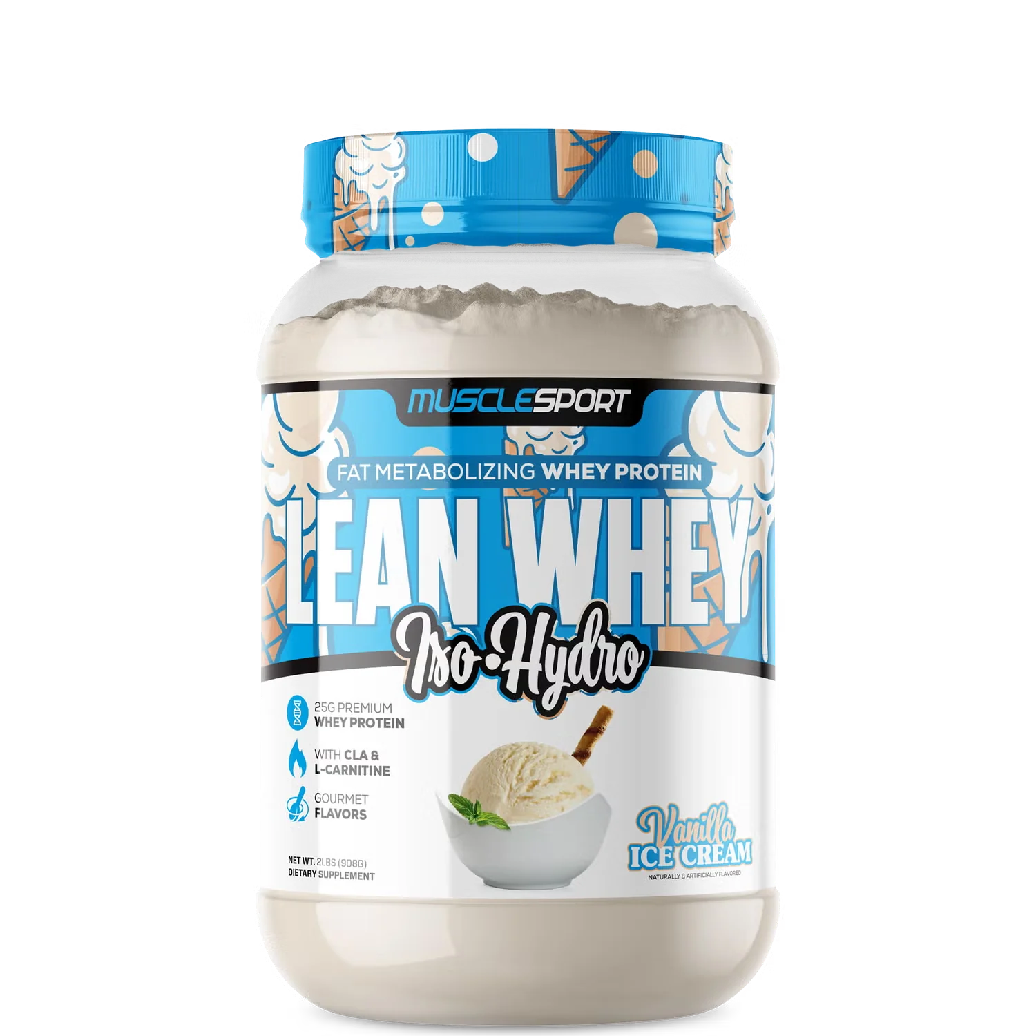 A container of MuscleSport's Lean Whey Iso Hydro Gourmet Protein powder in strawberry ice cream flavor.