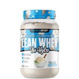 A container of MuscleSport's Lean Whey Iso Hydro Gourmet Protein powder in strawberry ice cream flavor.