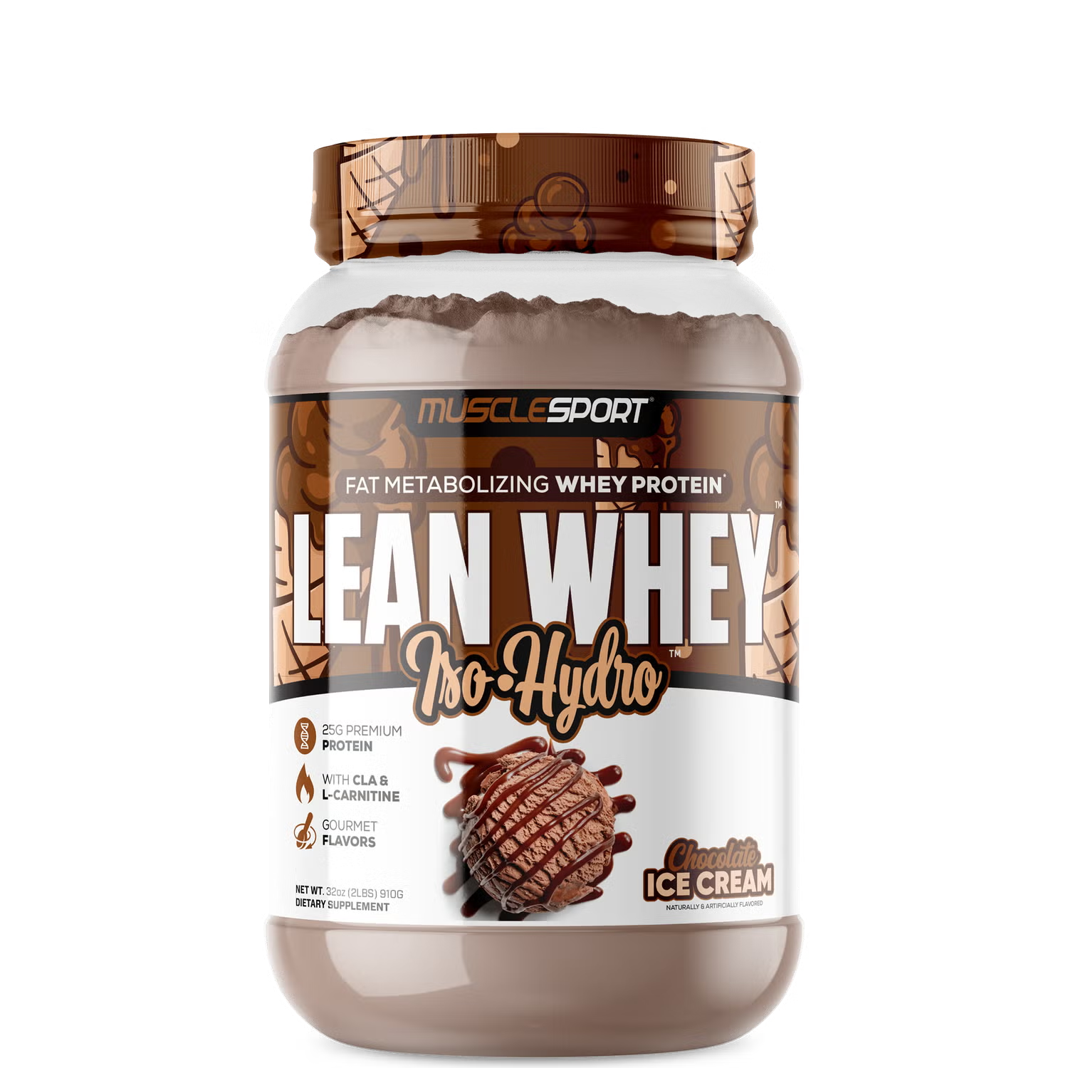 A container of MuscleSport's Lean Whey Iso Hydro Gourmet Protein powder in Chocolate Peanut Butter flavor.