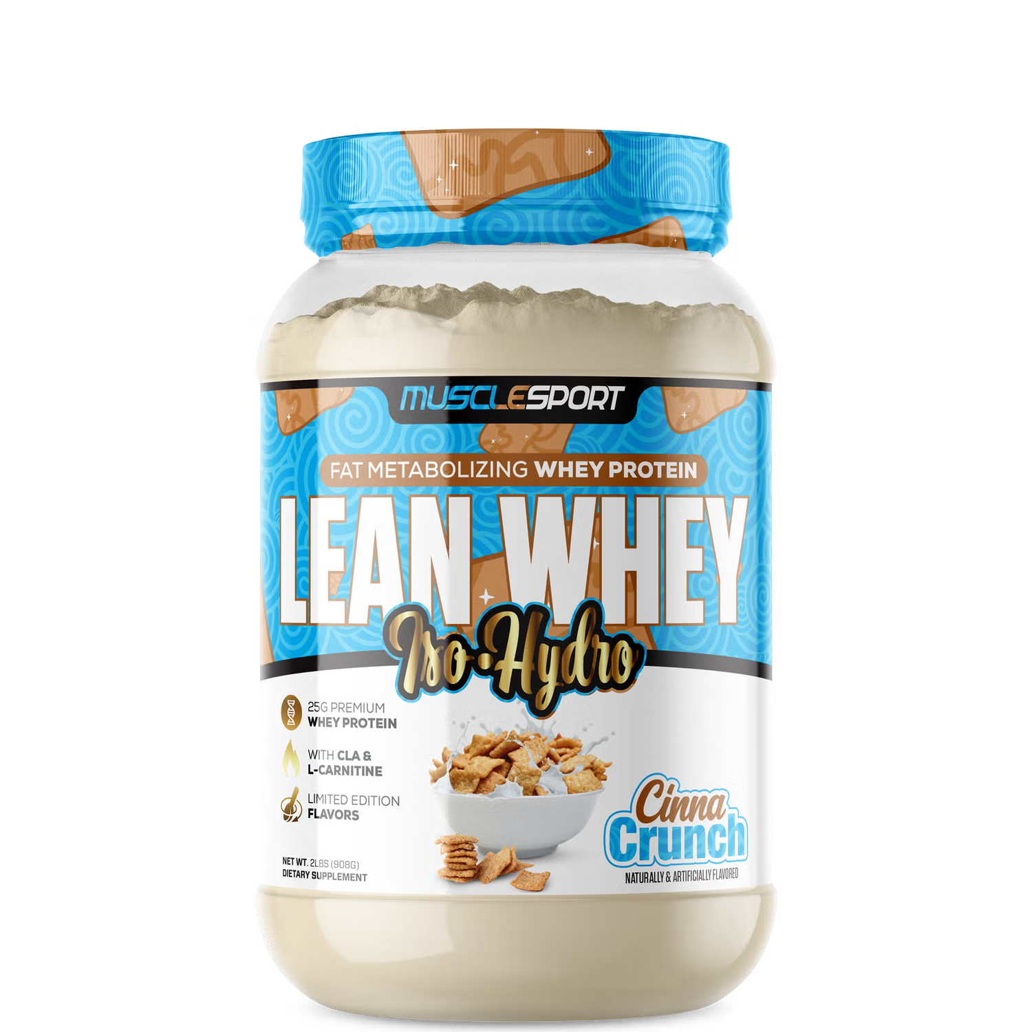 A container of MuscleSport's Lean Whey Iso Hydro Gourmet Protein powder in Chocolate Peanut Butter flavor.