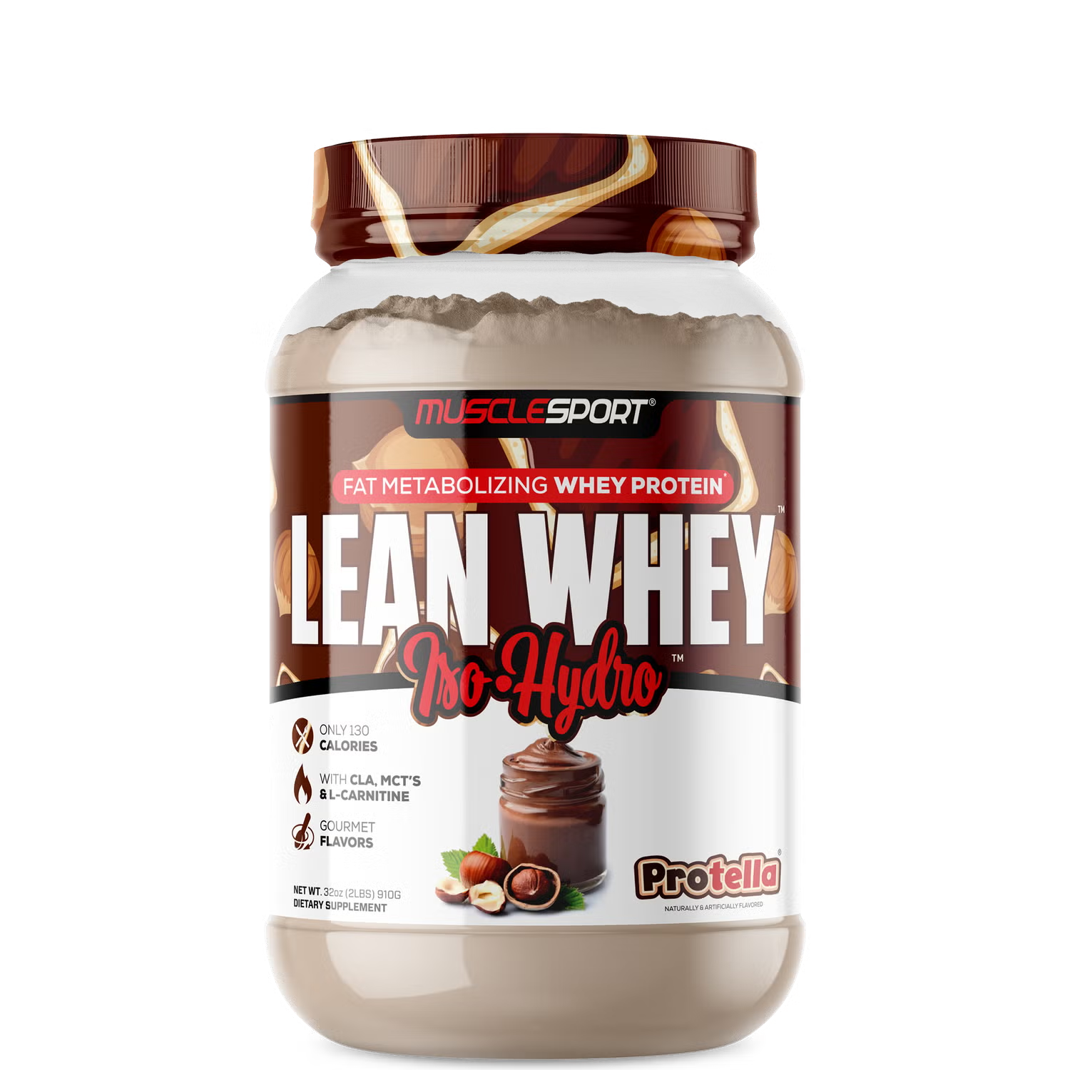 A container of MuscleSport's Lean Whey Iso Hydro Gourmet Protein powder in strawberry ice cream flavor.