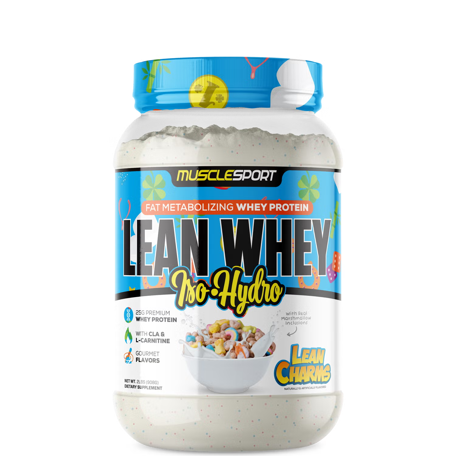 A container of MuscleSport's Lean Whey Iso Hydro Gourmet Protein powder in strawberry ice cream flavor.