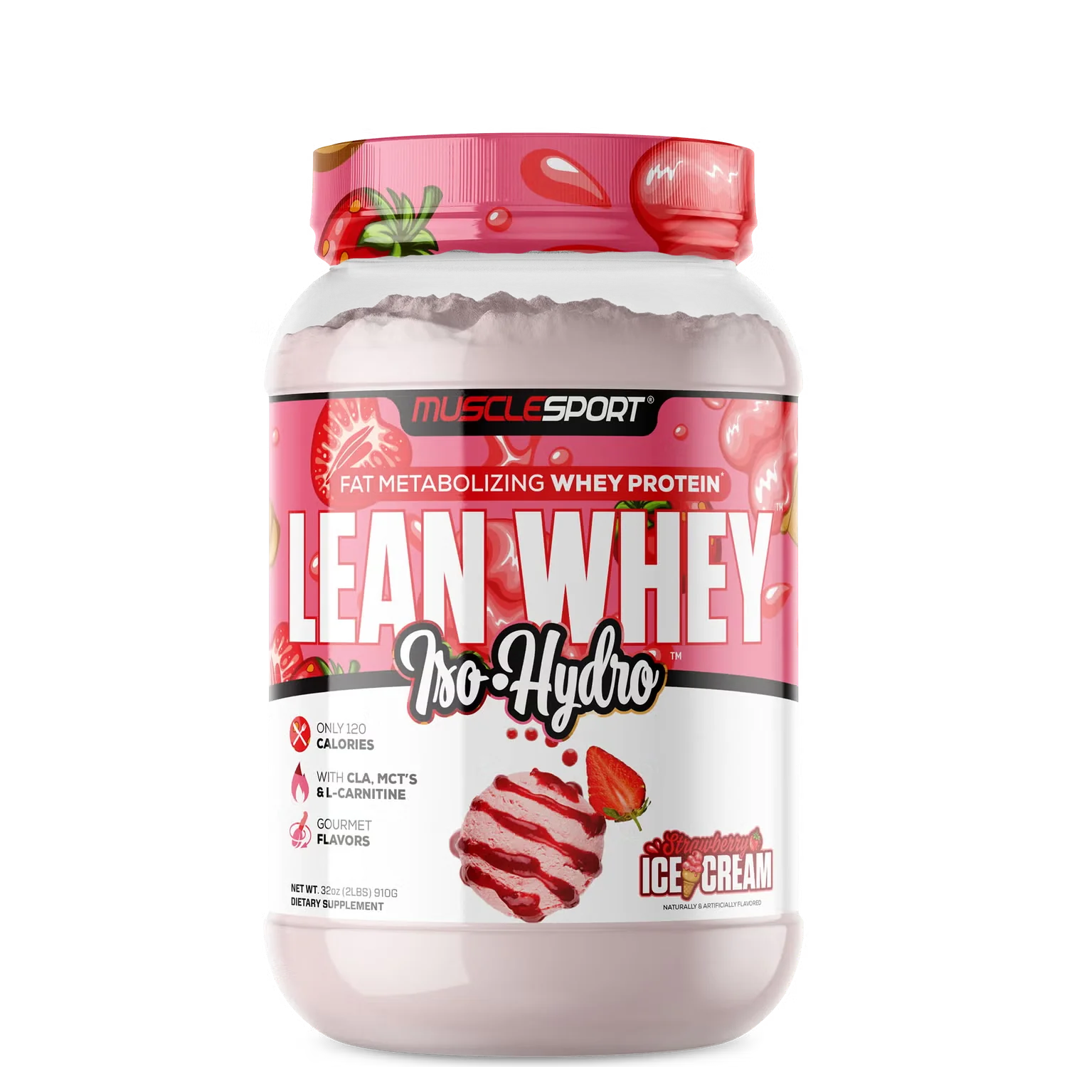 A container of MuscleSport's Lean Whey Iso Hydro Gourmet Protein powder in strawberry ice cream flavor.