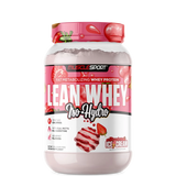 A container of MuscleSport's Lean Whey Iso Hydro Gourmet Protein powder in strawberry ice cream flavor.