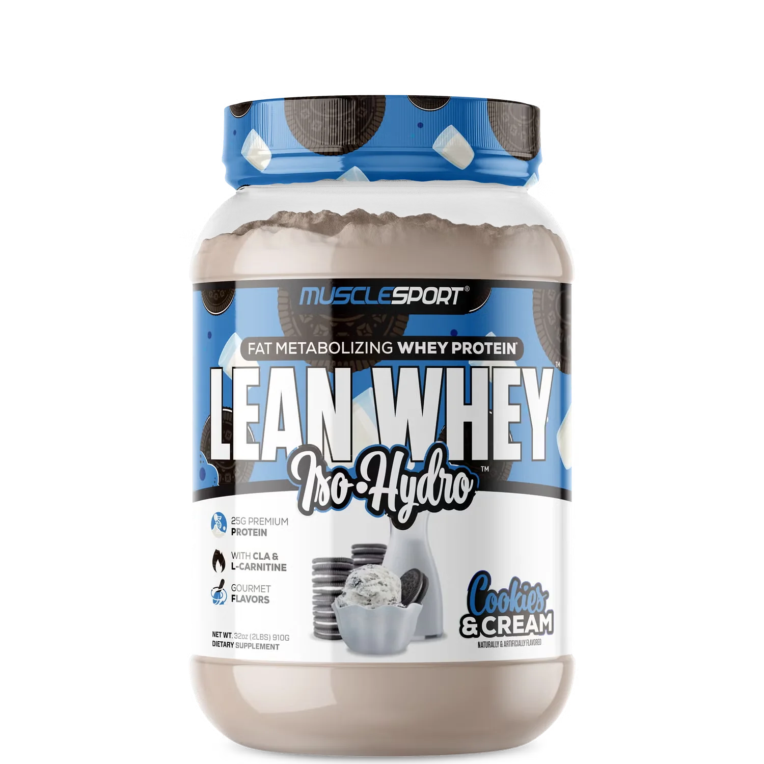 A container of MuscleSport's Lean Whey Iso Hydro Gourmet Protein powder in strawberry ice cream flavor.