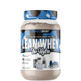 A container of MuscleSport's Lean Whey Iso Hydro Gourmet Protein powder in strawberry ice cream flavor.
