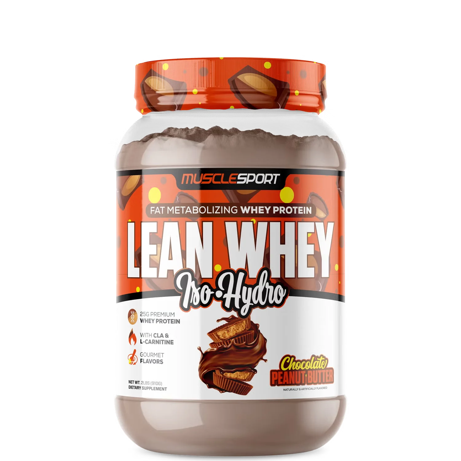 A container of MuscleSport's Lean Whey Iso Hydro Gourmet Protein powder in strawberry ice cream flavor.
