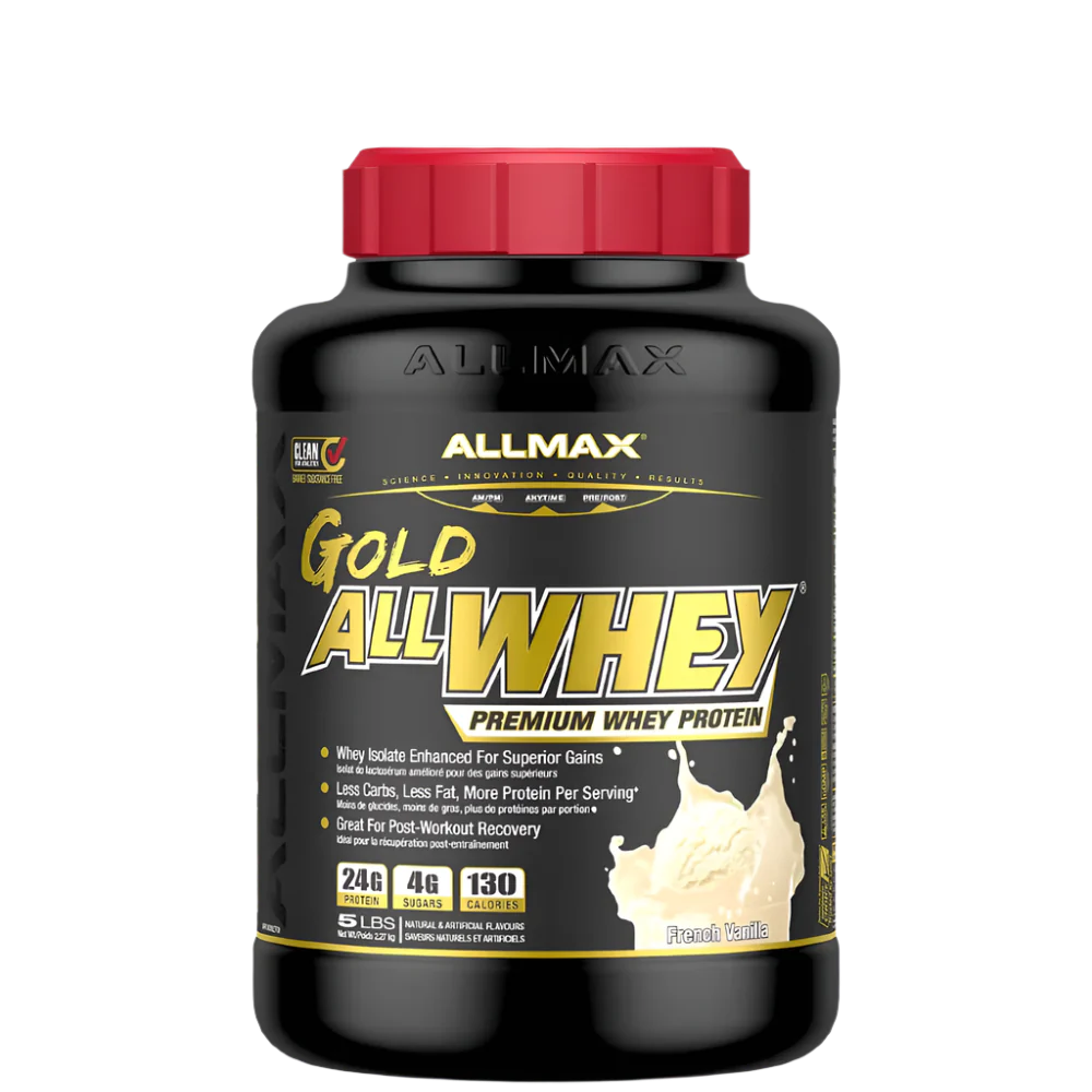 A container of ALLMAX Gold AllWhey premium whey protein powder with a red cap and a label showing the product name and flavors such as Chocolate, Cookies & Cream, and Strawberry.