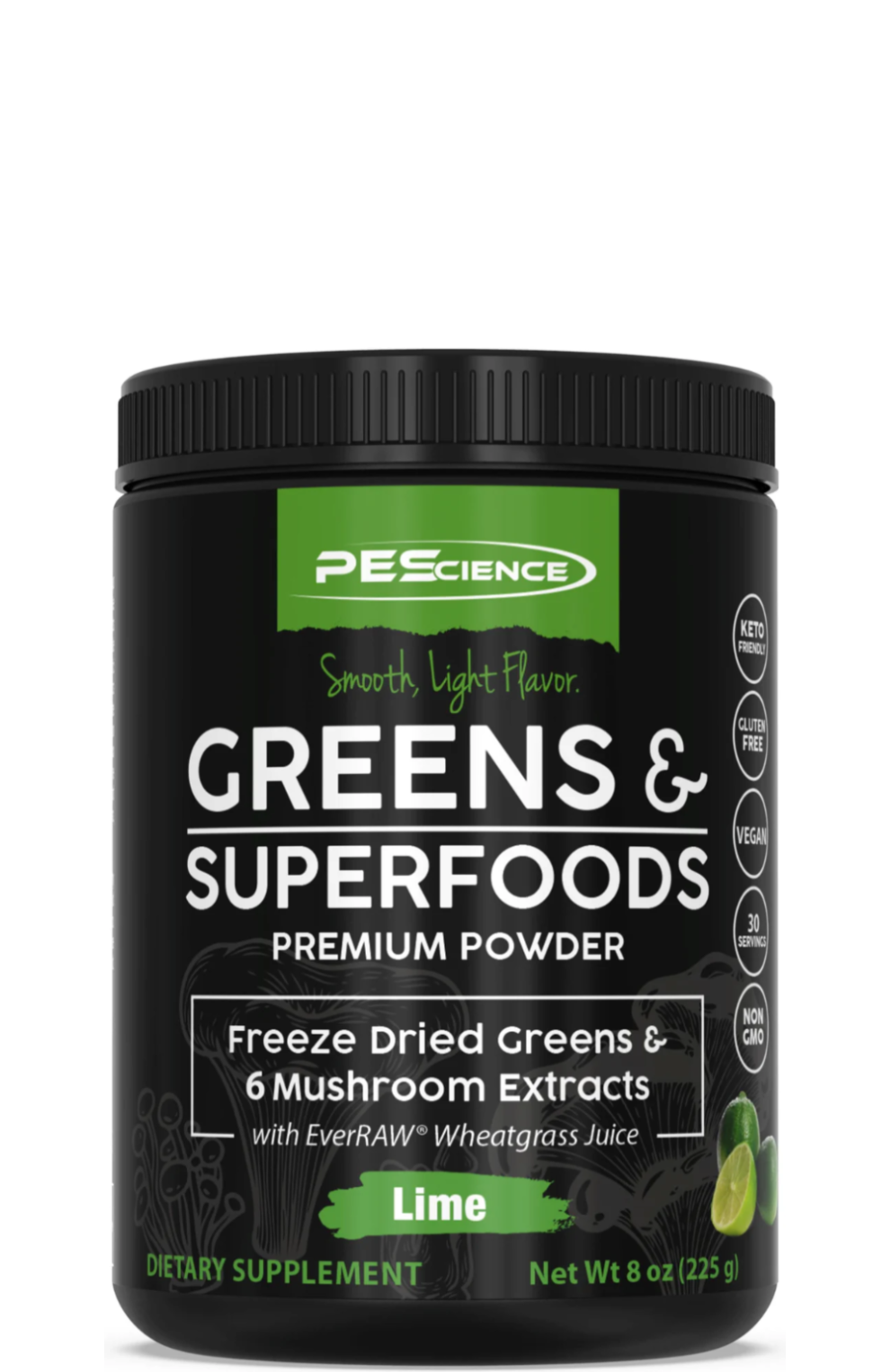 A container of PEScience Greens & Superfoods powder with the label showing various freeze-dried greens and mushroom extracts.