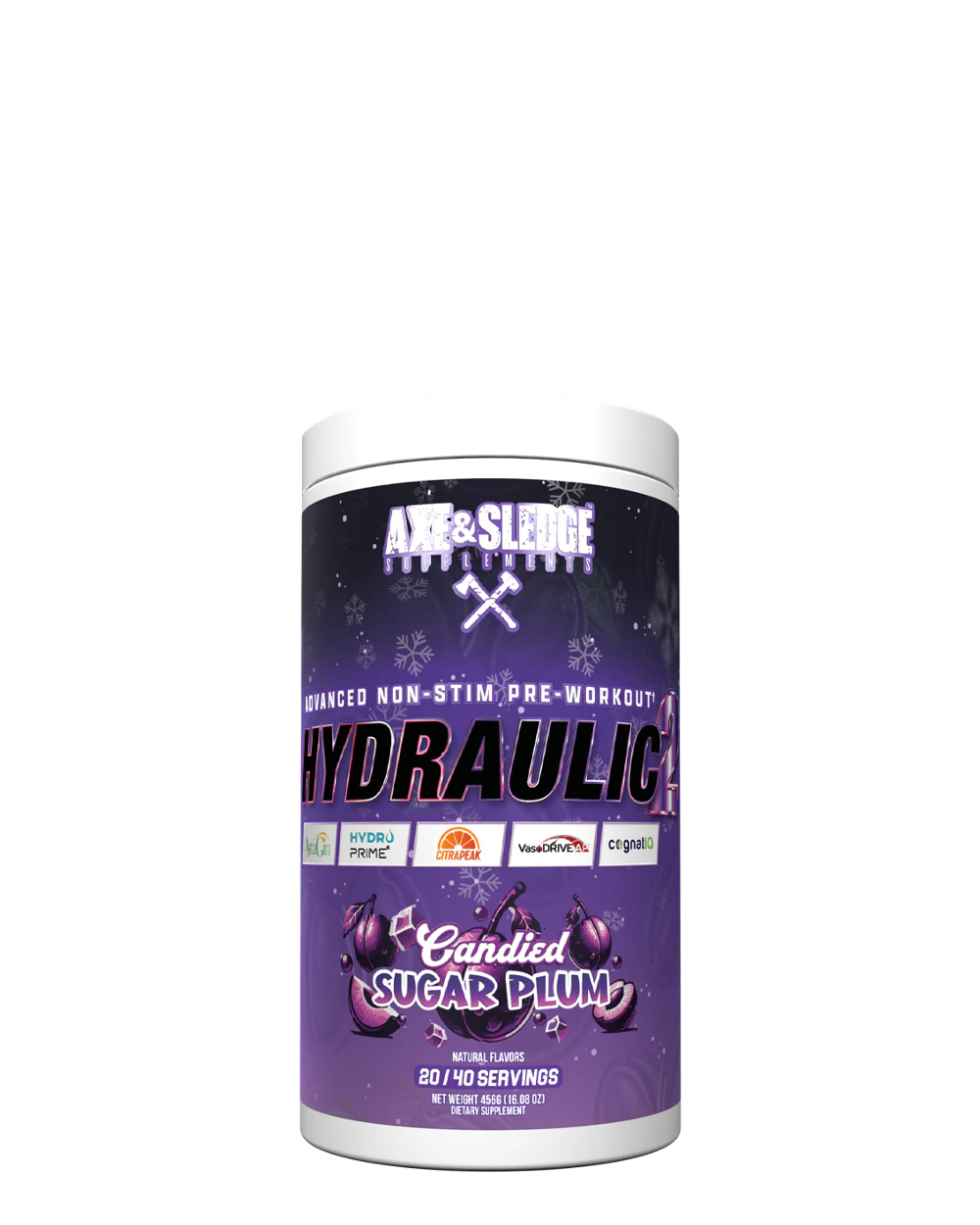 A container of Axe & Sledgegear HYDRAULIC V2 pre-workout supplement with a blue label featuring an animated bear character and various branded graphics.