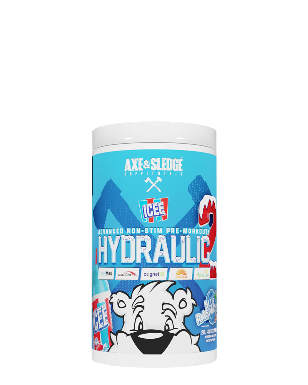 A container of Axe & Sledgegear HYDRAULIC V2 pre-workout supplement with a blue label featuring an animated bear character and various branded graphics.