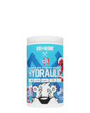 A container of Axe & Sledgegear HYDRAULIC V2 pre-workout supplement with a blue label featuring an animated bear character and various branded graphics.