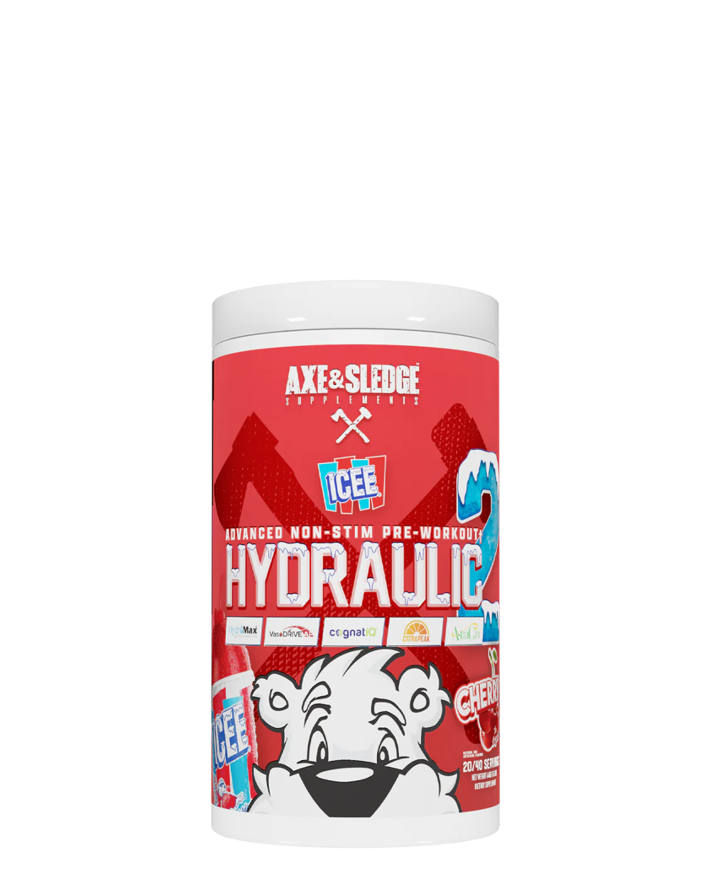 A container of Axe & Sledgegear HYDRAULIC V2 pre-workout supplement with a blue label featuring an animated bear character and various branded graphics.