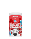 A container of Axe & Sledgegear HYDRAULIC V2 pre-workout supplement with a blue label featuring an animated bear character and various branded graphics.