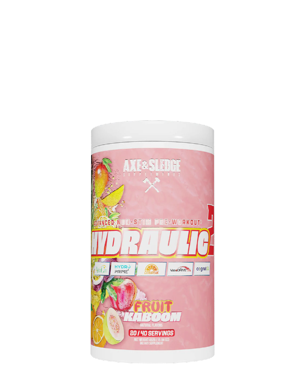 A container of Axe & Sledgegear HYDRAULIC V2 pre-workout supplement with a blue label featuring an animated bear character and various branded graphics.