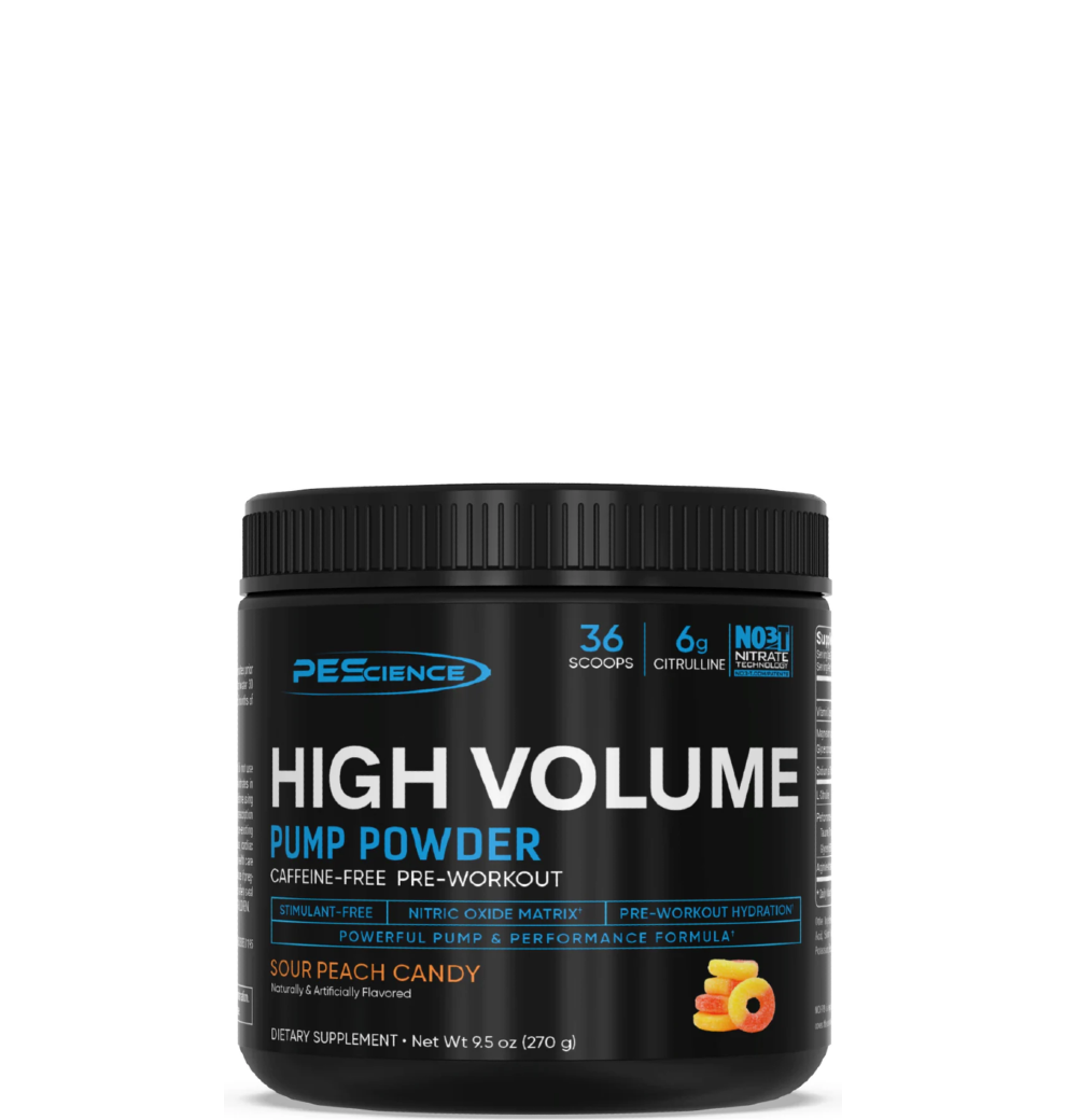 A container of PEScience High Volume Pump Powder in sour peach candy flavor, which is a caffeine-free pre-workout supplement.