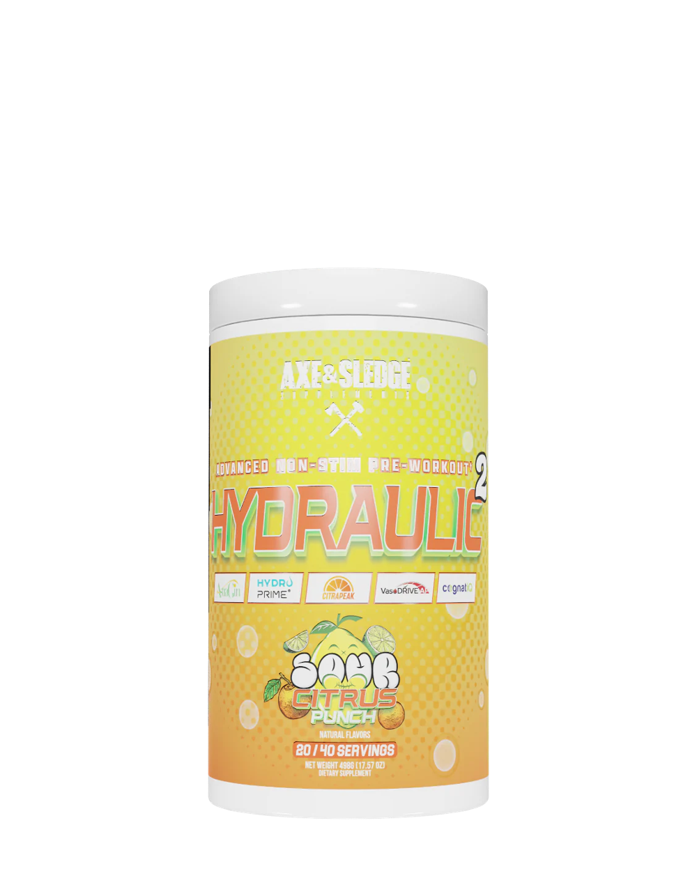 A container of Axe & Sledgegear HYDRAULIC V2 pre-workout supplement with a blue label featuring an animated bear character and various branded graphics.