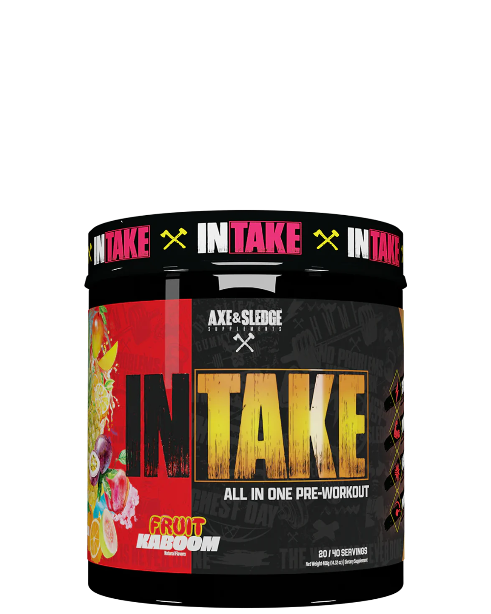 A container of Intake all-in-one pre-workout supplement from axe&sledge with colorful label design featuring fruits and fitness themes.