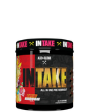 A container of Intake all-in-one pre-workout supplement from axe&sledge with colorful label design featuring fruits and fitness themes.