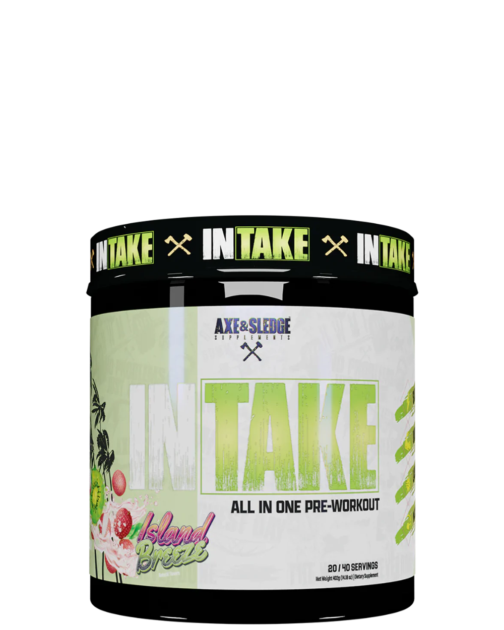 A container of Intake all-in-one pre-workout supplement from axe&sledge with colorful label design featuring fruits and fitness themes.