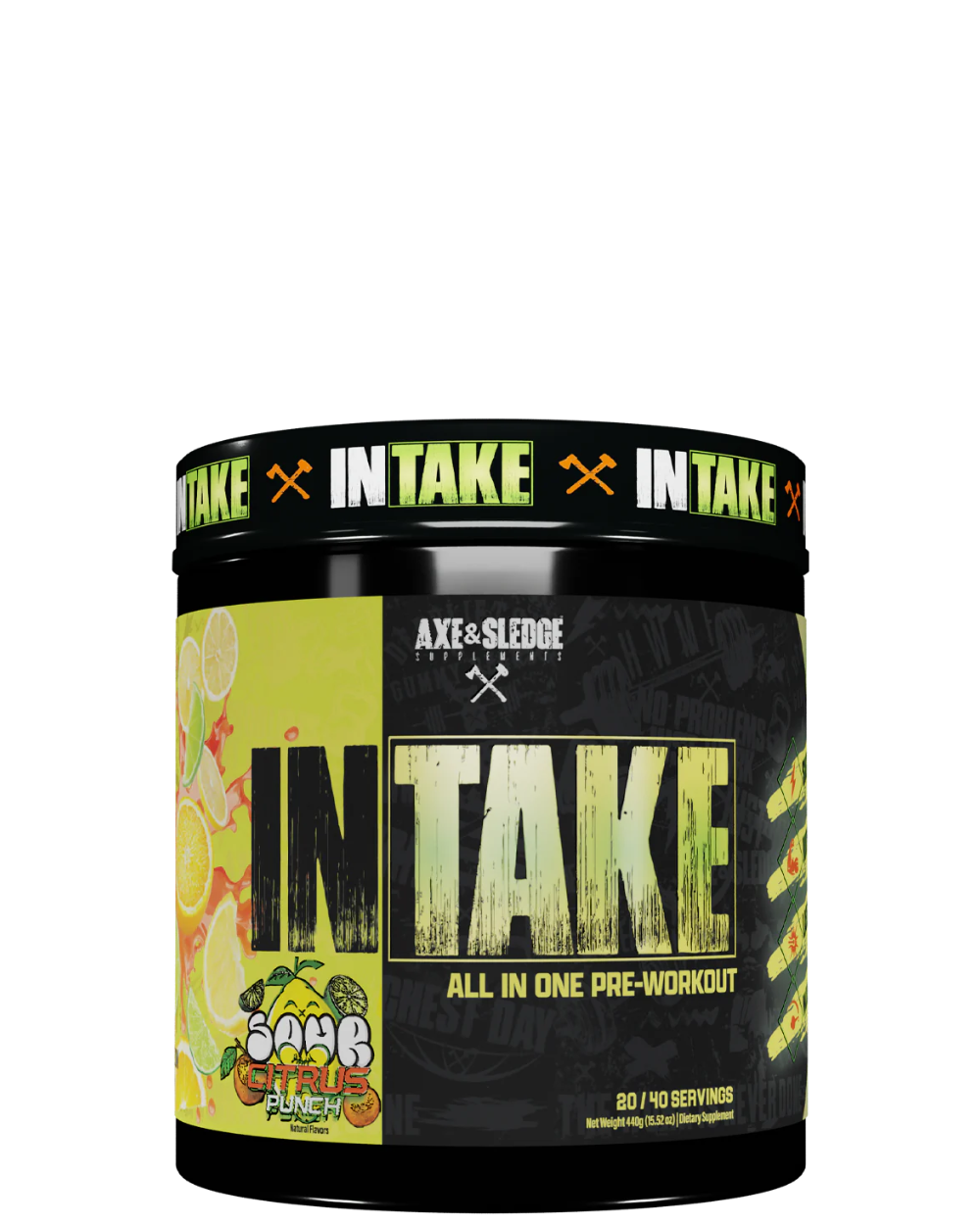 A container of Intake all-in-one pre-workout supplement from axe&sledge with colorful label design featuring fruits and fitness themes.