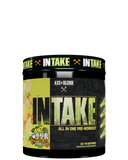 A container of Intake all-in-one pre-workout supplement from axe&sledge with colorful label design featuring fruits and fitness themes.