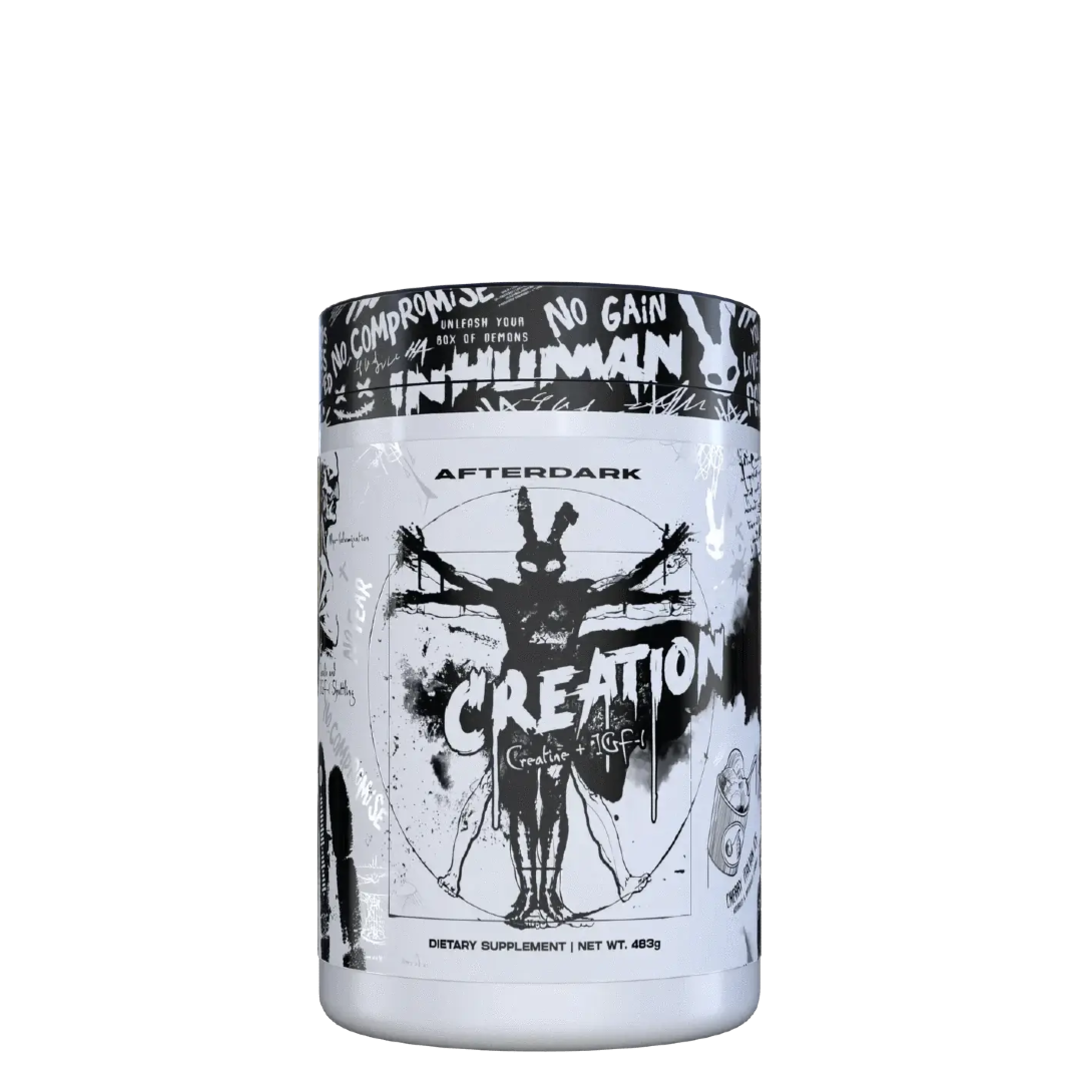 A container of AfterDark Creation Creatine powder with a black and white design featuring a silhouette of a person with a cross and abstract shapes.