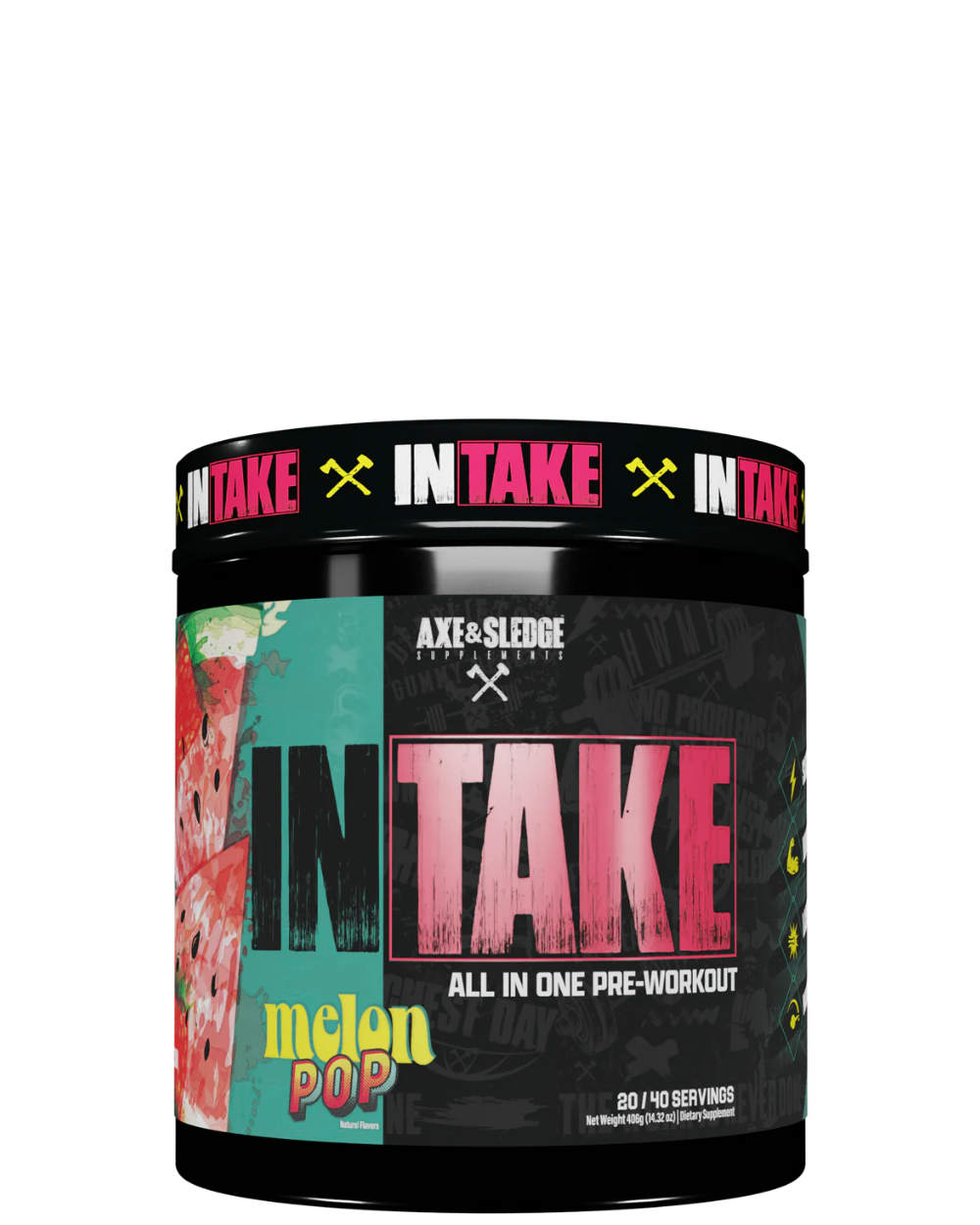 A container of Intake all-in-one pre-workout supplement from axe&sledge with colorful label design featuring fruits and fitness themes.
