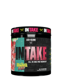 A container of Intake all-in-one pre-workout supplement from axe&sledge with colorful label design featuring fruits and fitness themes.