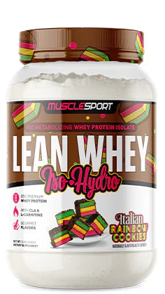 Container of Lean Whey Pro-Hydro Italian Rainbow Cookie flavor protein powder with colorful label.