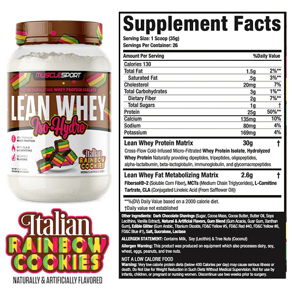 A container of MuscleSport's Lean Whey Iso Hydro Gourmet Protein powder in strawberry ice cream flavor.