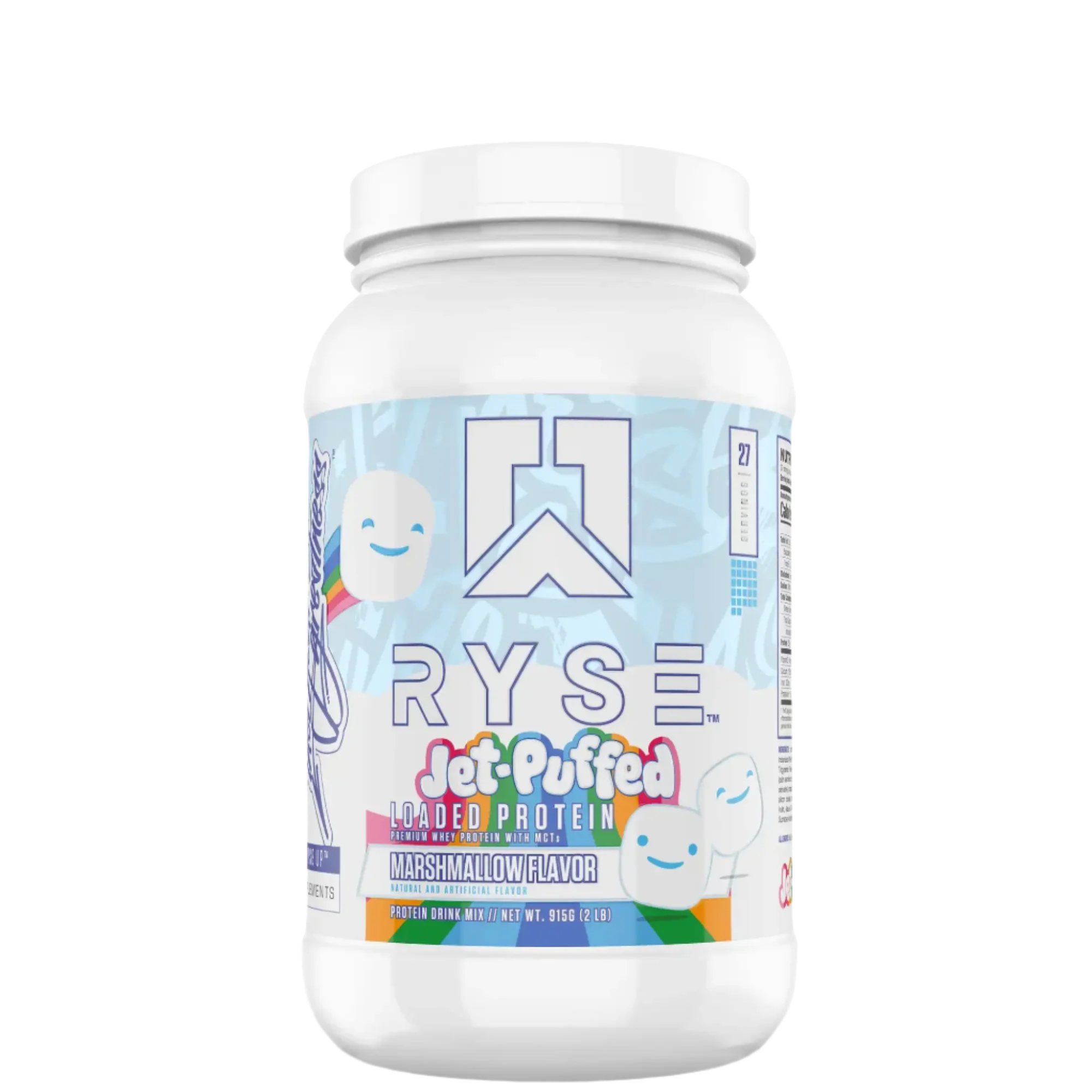 A container of Ryse Loaded Protein powder with a pink label featuring an image of a strawberry, indicating a possible flavor.