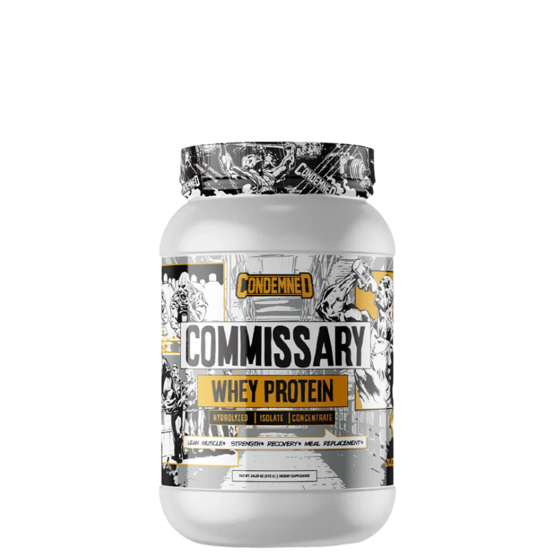 A container of Commissary Whey Protein by Condemned Labz with a graphic design featuring a mummy and gym elements.