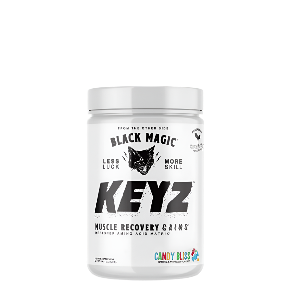 A container of Black Magic Supply's KEYZ Amino Acid Recovery Matrix in Berry Tropic flavor.