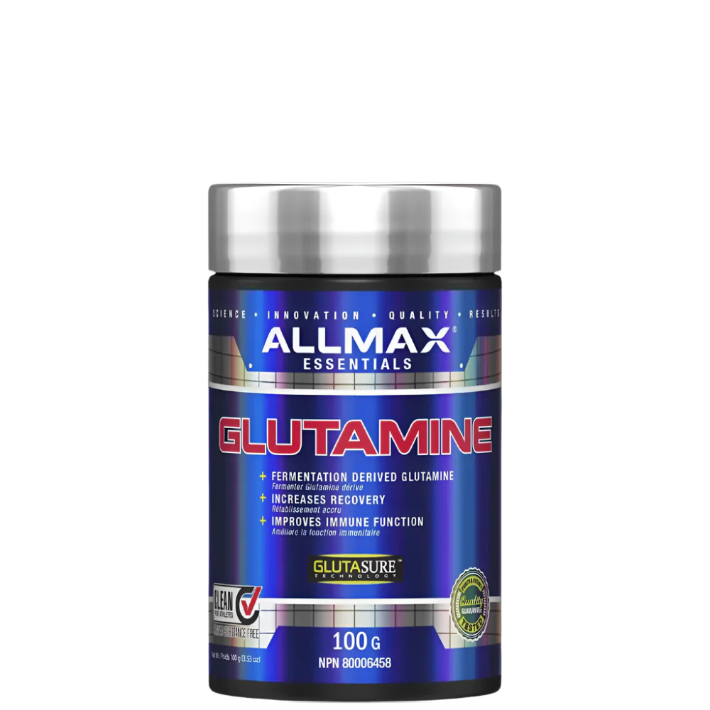 A container of ALLMAX Glutamine Powder, which is a white fine powder, packaged in a blue and silver container.