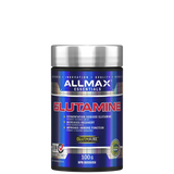 A container of ALLMAX Glutamine Powder, which is a white fine powder, packaged in a blue and silver container.