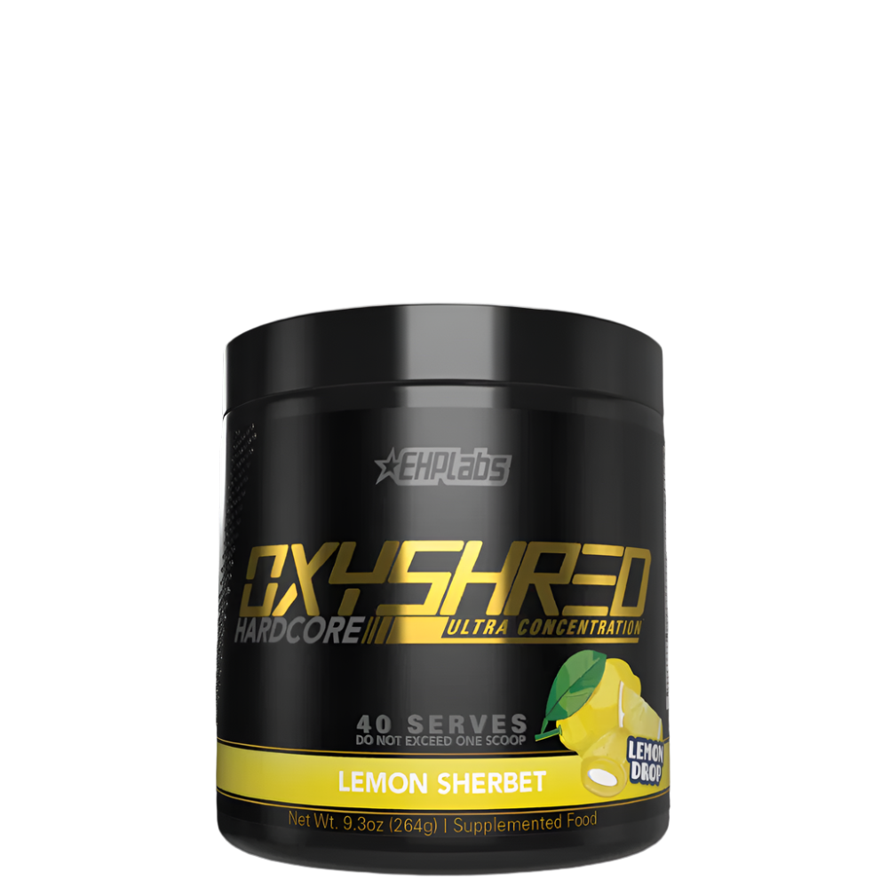 Container of OxyShred Hardcore pre-workout supplement in Grape Bubblegum flavor