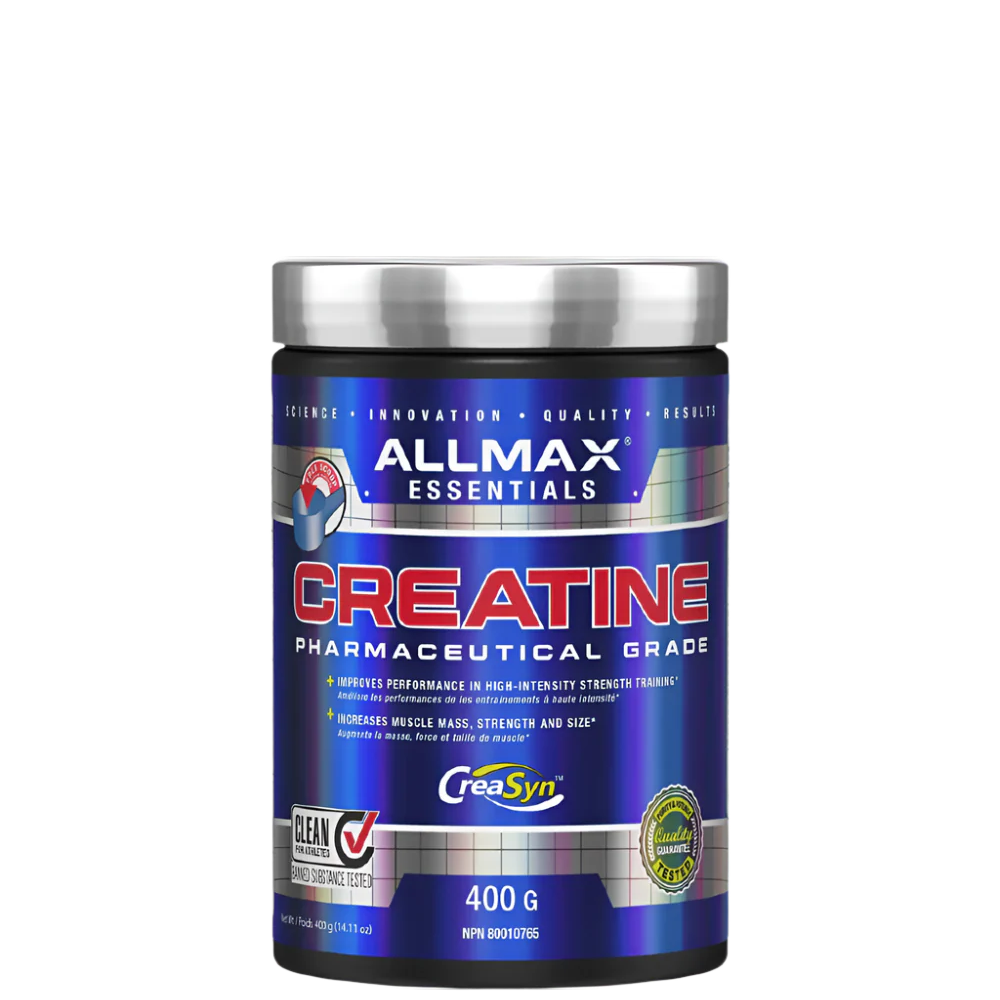 A container of AllMax Creatine Monohydrate Powder, 100g size, with blue and silver color scheme and branding information.