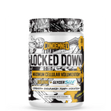 A container of Condemned Labz Locked Down supplement with a graphic design featuring characters and text emphasizing maximum cellular volatization, strength, endurance, and pump & hydration benefits.