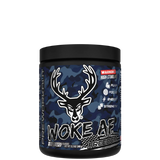 A container of Woke AF pre-workout supplement with a colorful design featuring a deer head and text indicating high stimulant.