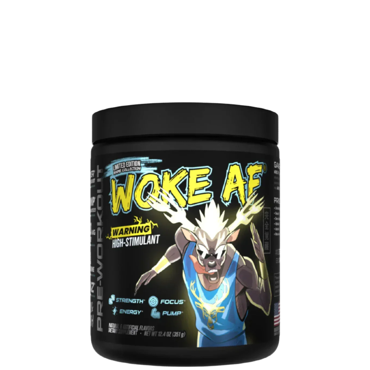 A container of Woke AF pre-workout supplement with a colorful design featuring a deer head and text indicating high stimulant.