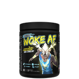 A container of Woke AF pre-workout supplement with a colorful design featuring a deer head and text indicating high stimulant.