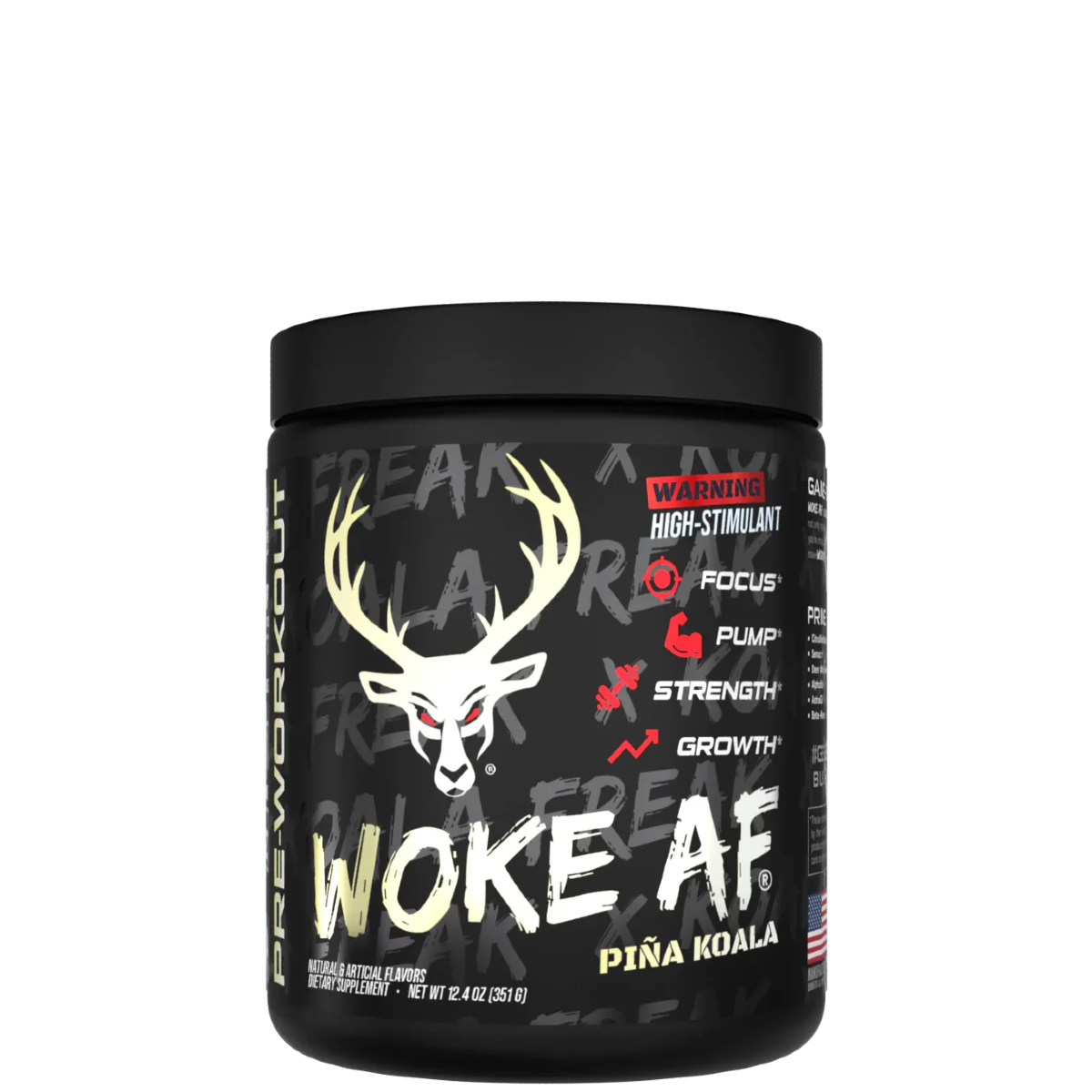 A container of Woke AF pre-workout supplement with a colorful design featuring a deer head and text indicating high stimulant.